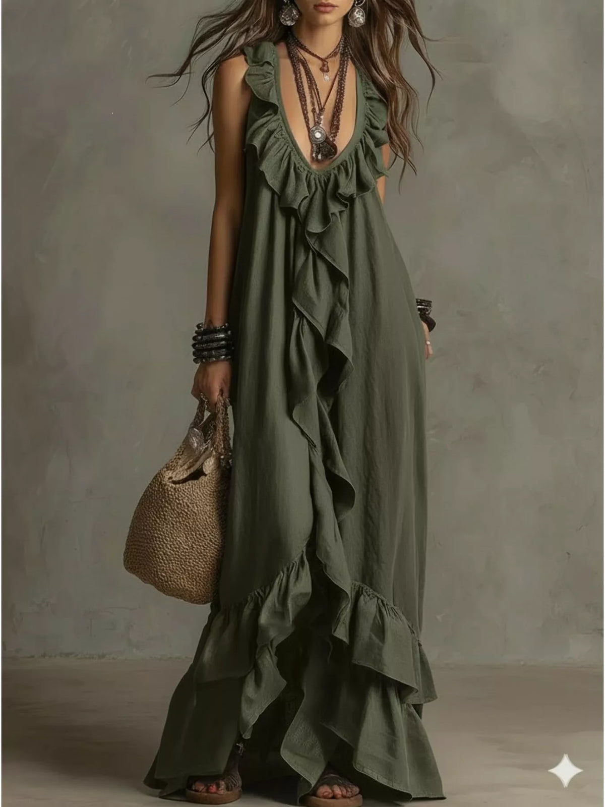 Plush Fashion Hub ruffled sleeveless maxi dress in flowing fabric with a fitted bodice and flared skirt, perfect for summer events.