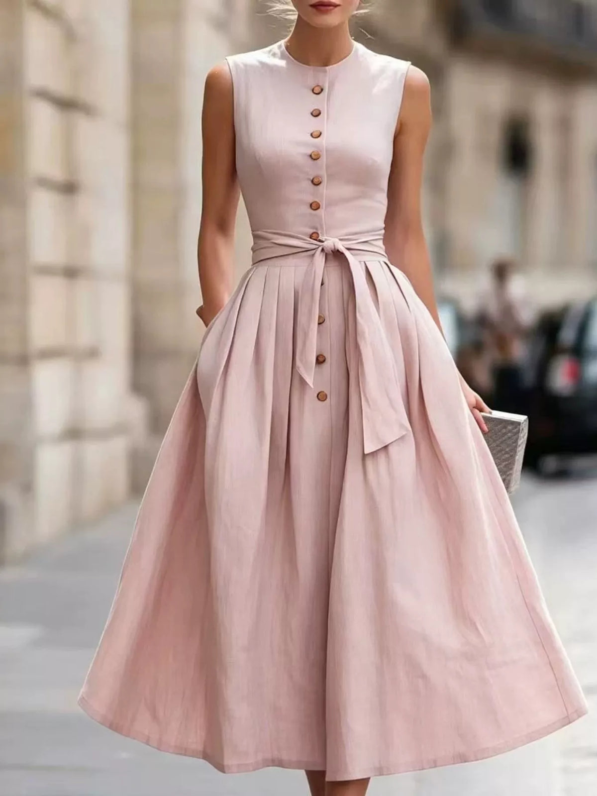 Plus size sleeveless button-front belted midi dress by Trendsi, showing the full-length dress with a fitted waist and button details.