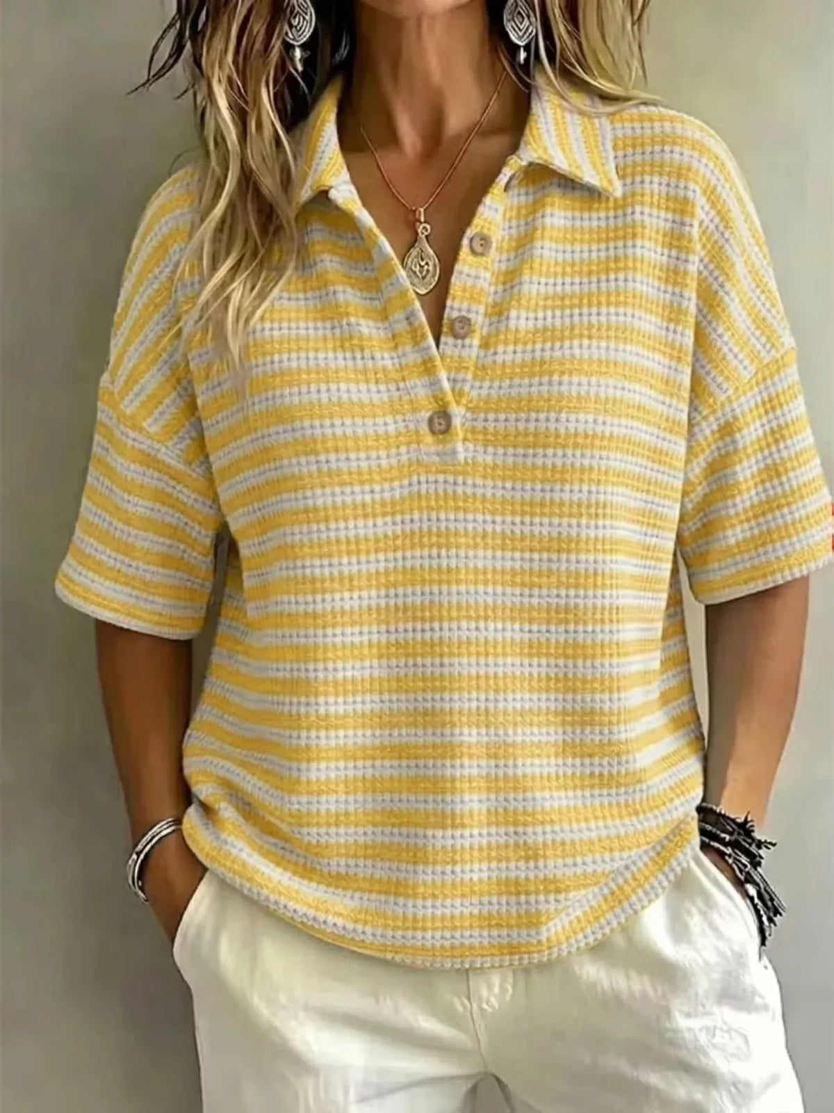 Plus size contrast striped knit polo shirt from Trendsi, featuring a classic collar and short sleeves, in a full-size, comfortable fit.