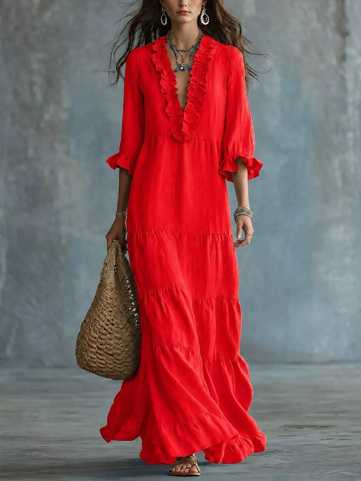 Ruffled V-neck tiered maxi dress by Trendsi, featuring flowing fabric and layered ruffles in a stylish, elegant design.