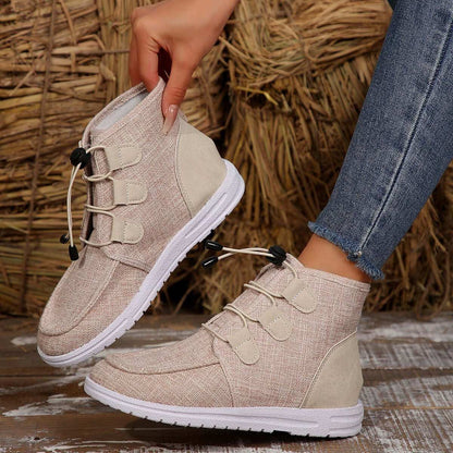 Lace-Up Round Toe Flat Sneakers in beige with comfortable fit and fashion-forward design.