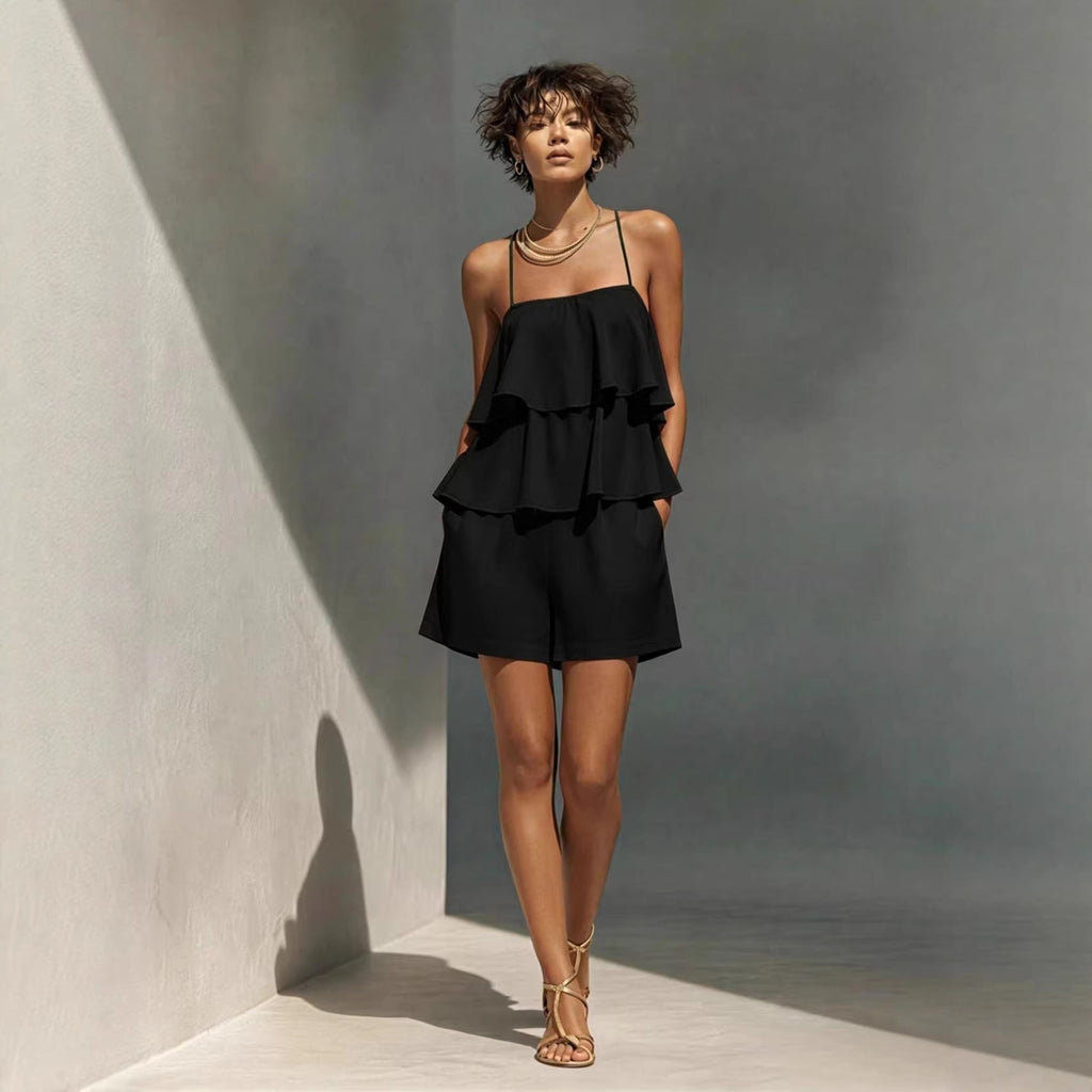 Women's multi-layer ruffle camisole and shorts casualwear set by FitiqueFit, featuring layered ruffle details and comfortable fit.