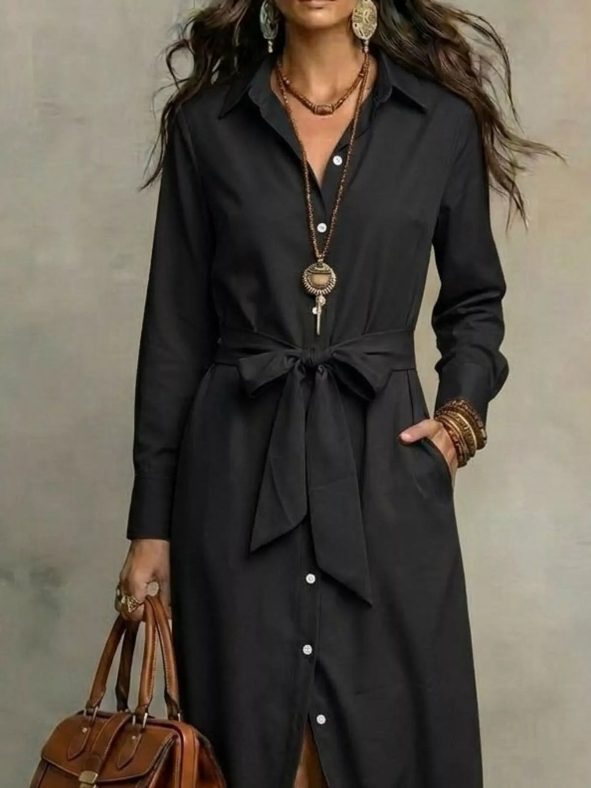 Plus size long sleeve tie waist shirt dress by Plush Fashion Hub, featuring a flattering fit and full-length sleeves.
