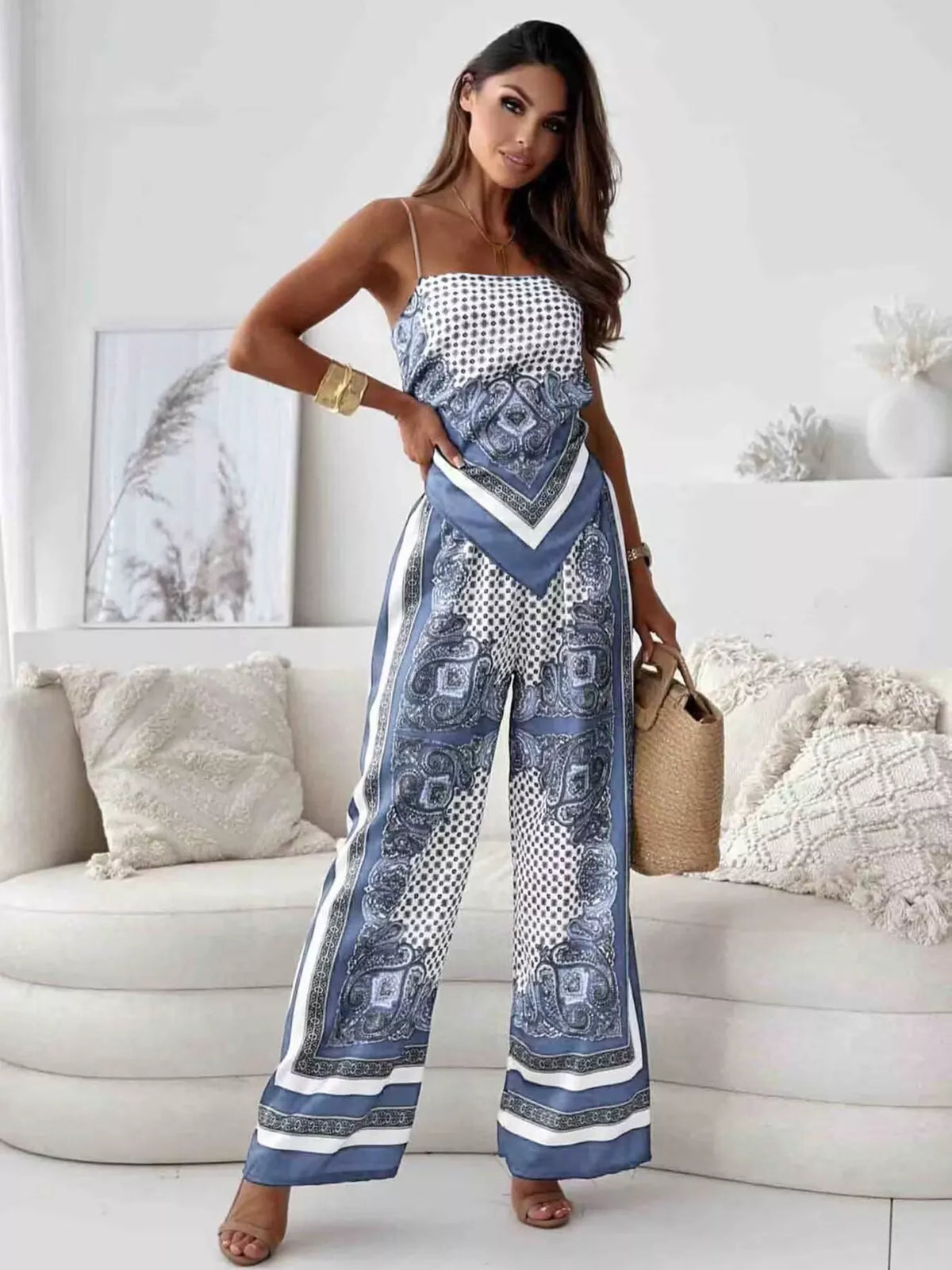Printed cami and wide-leg pants loungewear set by Plush Fashion Hub, featuring a stylish, comfortable matching top and bottoms.