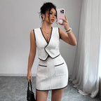 Casualwear sleeveless irregular top and color-block pocket A-line skirt set by FitiqueFit, with a stylish, modern design.