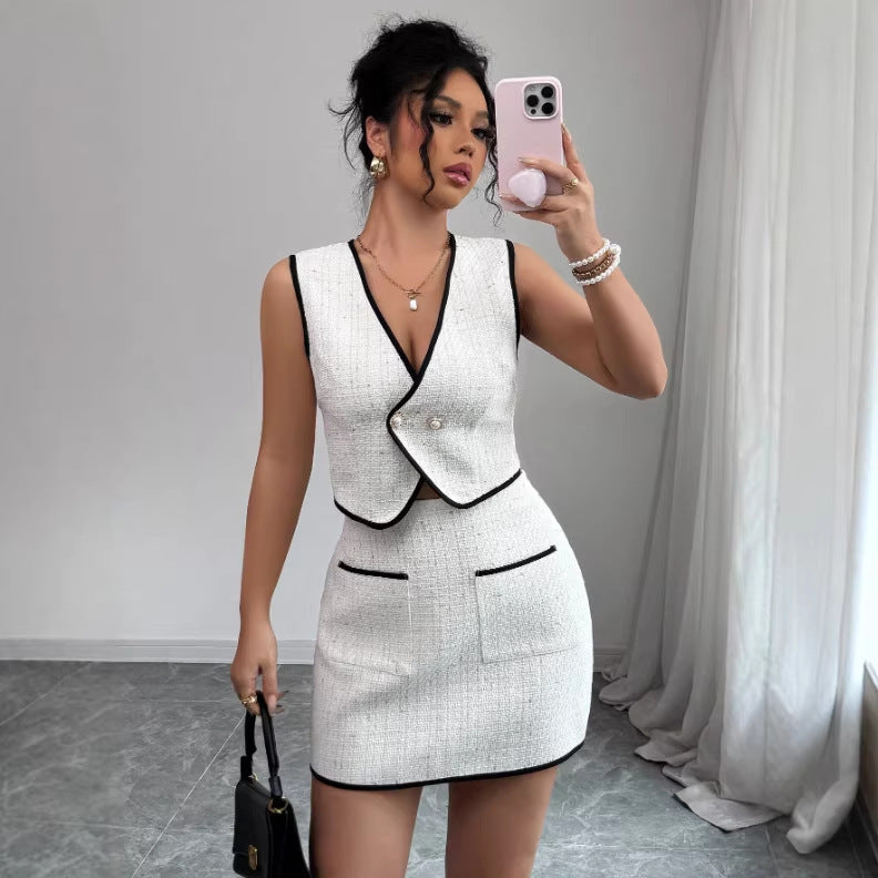 Casualwear sleeveless irregular top and color-block pocket A-line skirt set by FitiqueFit, with a stylish, modern design.