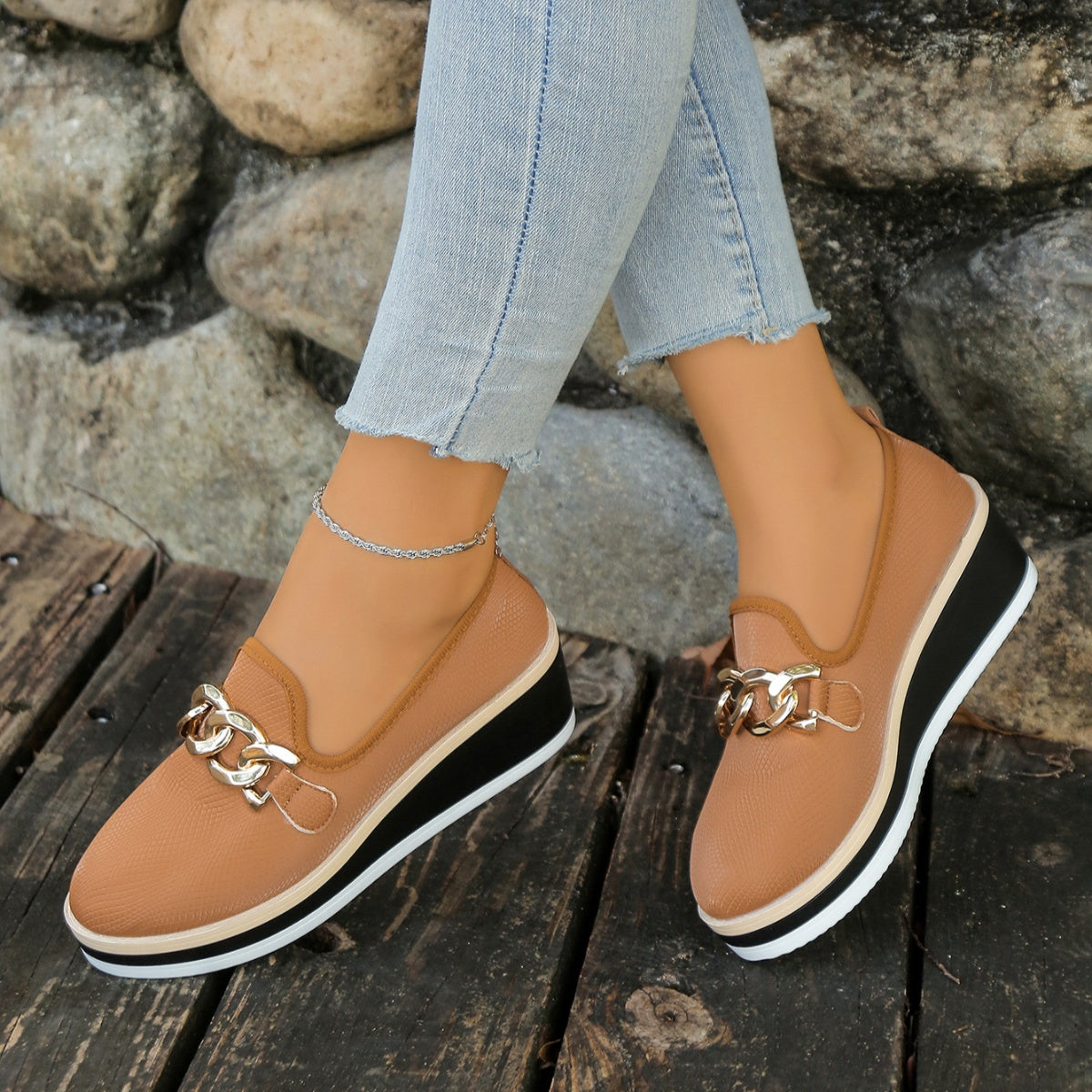 Chain decor wedge loafers from Trendsi featuring stylish footwear with a decorative chain detail and comfortable wedge heel.