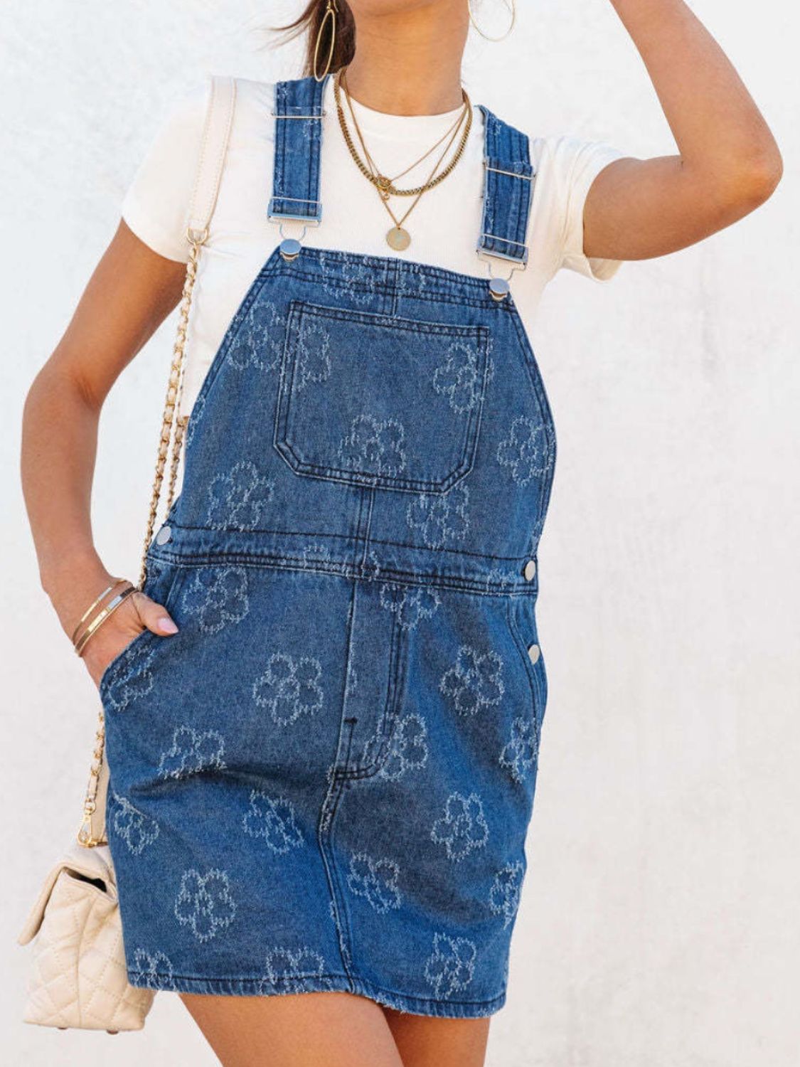 Flower wide strap denim overall dress with pockets from Plush Fashion Hub, showcasing a stylish and casual clothing look.