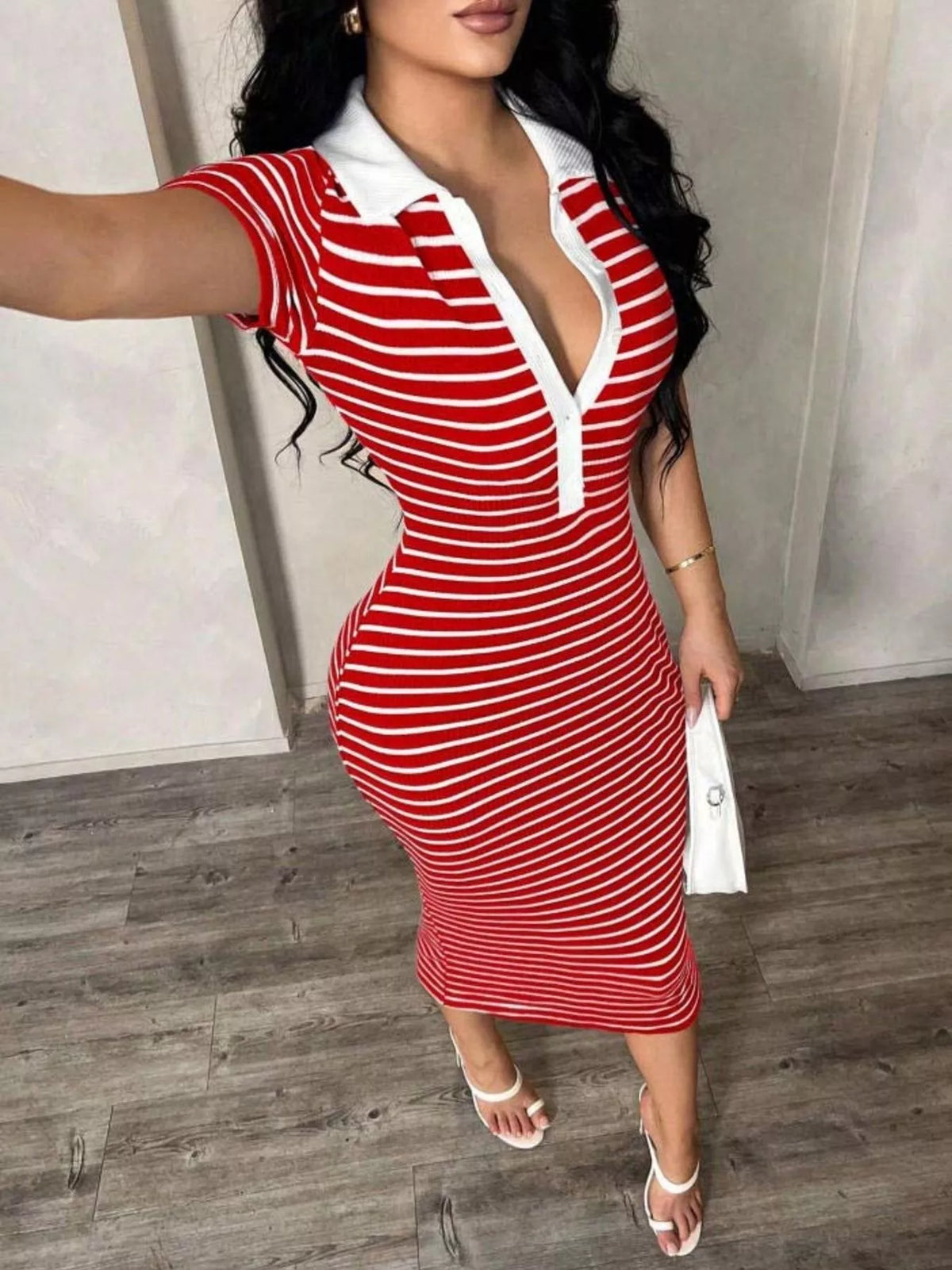 Striped Polo Collar Midi Dress from Plush Fashion Hub featuring a fitted silhouette and classic design in a stylish striped pattern.