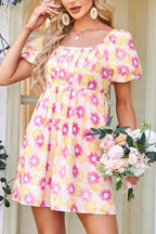 Floral square neck puff sleeve cotton midi dress with pleated flared design, stylish and elegant for versatile occasions.