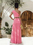 One-shoulder top and ruched maxi skirt set from Trendsi, featuring a stylish one-shoulder design and fitted, ruched skirt.