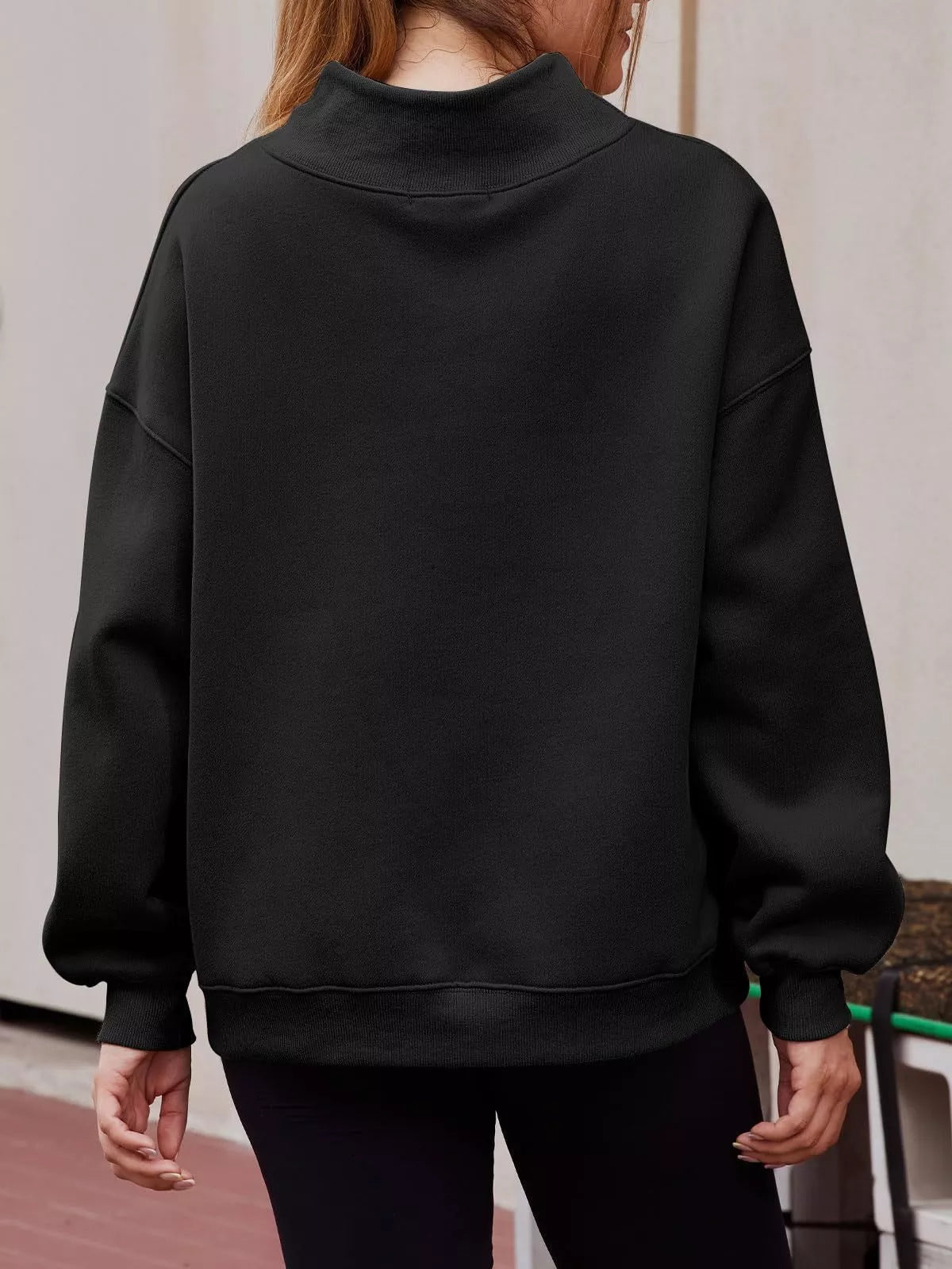 Women’s oversized casual sweatshirt with mock neck and dropped shoulders from Plush Fashion Hub, showcasing a cozy, relaxed fit.