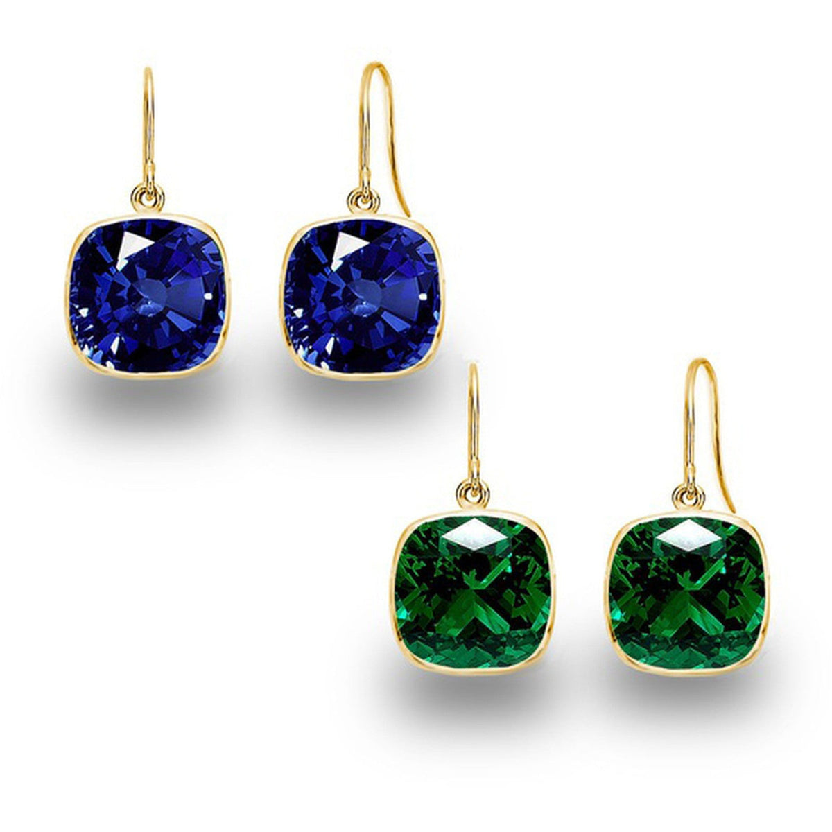 5.00 CTW Lab Grown Sapphire and Emerald Cushion Cut Drop Earrings Set - 14K Gold (2 Pairs)-0