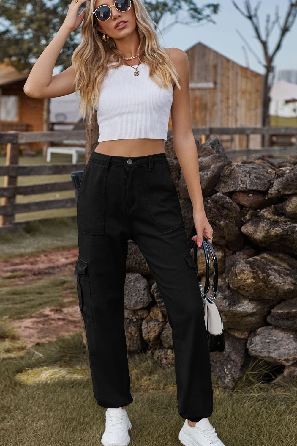 Long denim jeans with pockets from Plush Fashion Hub, showcasing classic blue denim and functional pocket details.