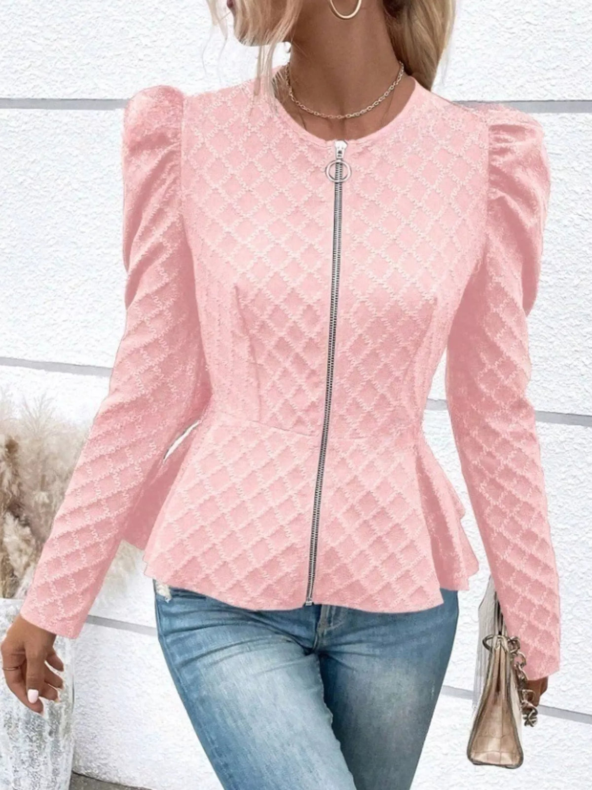 Women’s textured jacquard jacket with puff sleeves from Trendsi, showcasing a stylish design and intricate fabric pattern.
