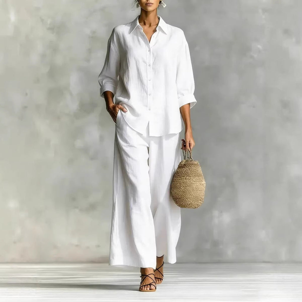 FitiqueFit cotton-linen shirt and wide-leg pants suit in six colors, featuring a relaxed fit for casualwear, available in S–5XL.