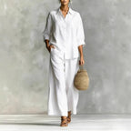 FitiqueFit cotton-linen shirt and wide-leg pants suit in six colors, featuring a relaxed fit for casualwear, available in S–5XL.