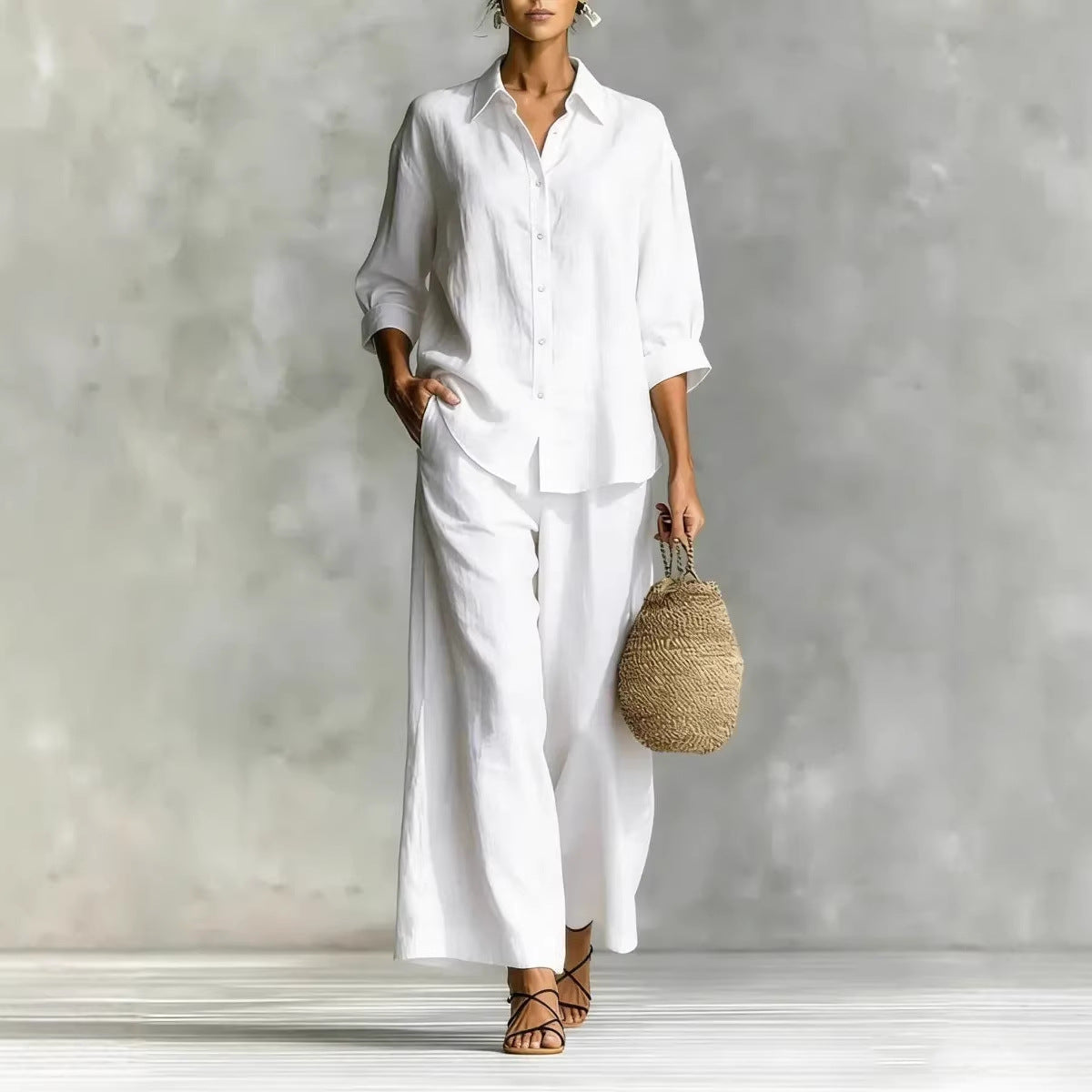 FitiqueFit cotton-linen shirt and wide-leg pants suit in six colors, featuring a relaxed fit for casualwear, available in S–5XL.