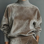 LadyShow.Store casual warm velour long-sleeved high-neck zipper sportswear with wide-leg pants, solid color, and activewear style.