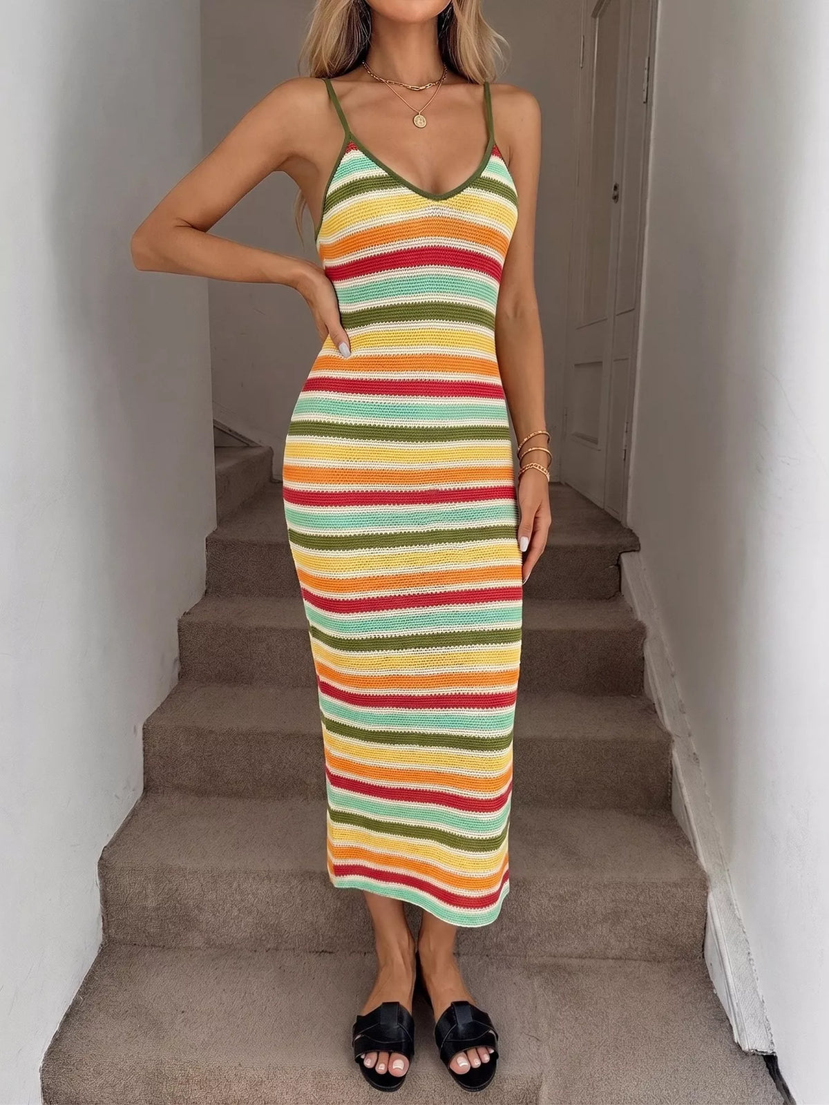 Striped bodycon knit midi dress by Plush Fashion Hub, featuring a fitted silhouette and stylish pattern, perfect for casual or dressy wear.
