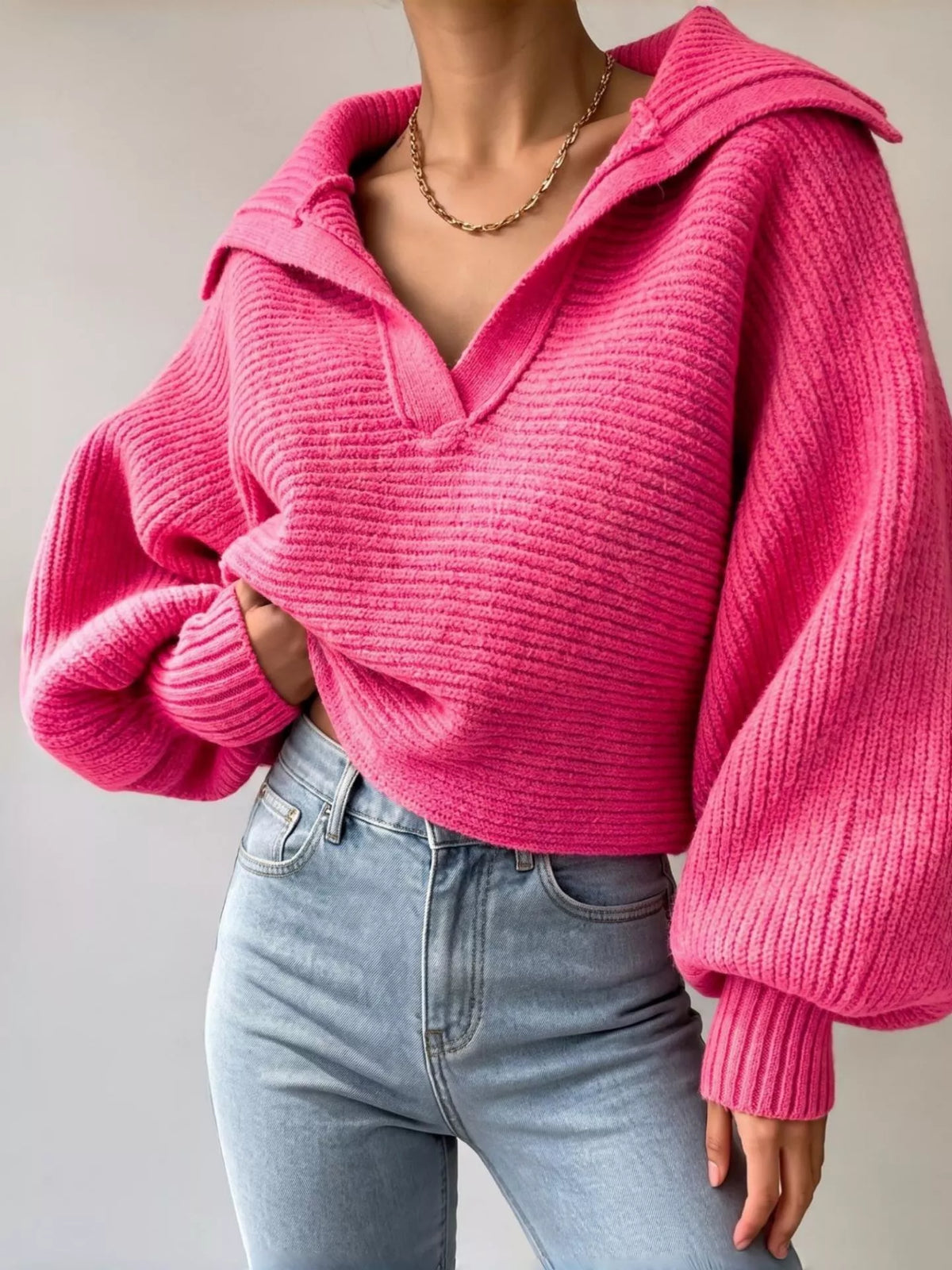 Trendsi women's ribbed cropped sweater with oversized collar, soft knit fabric, and a relaxed fit, displayed on a neutral background.