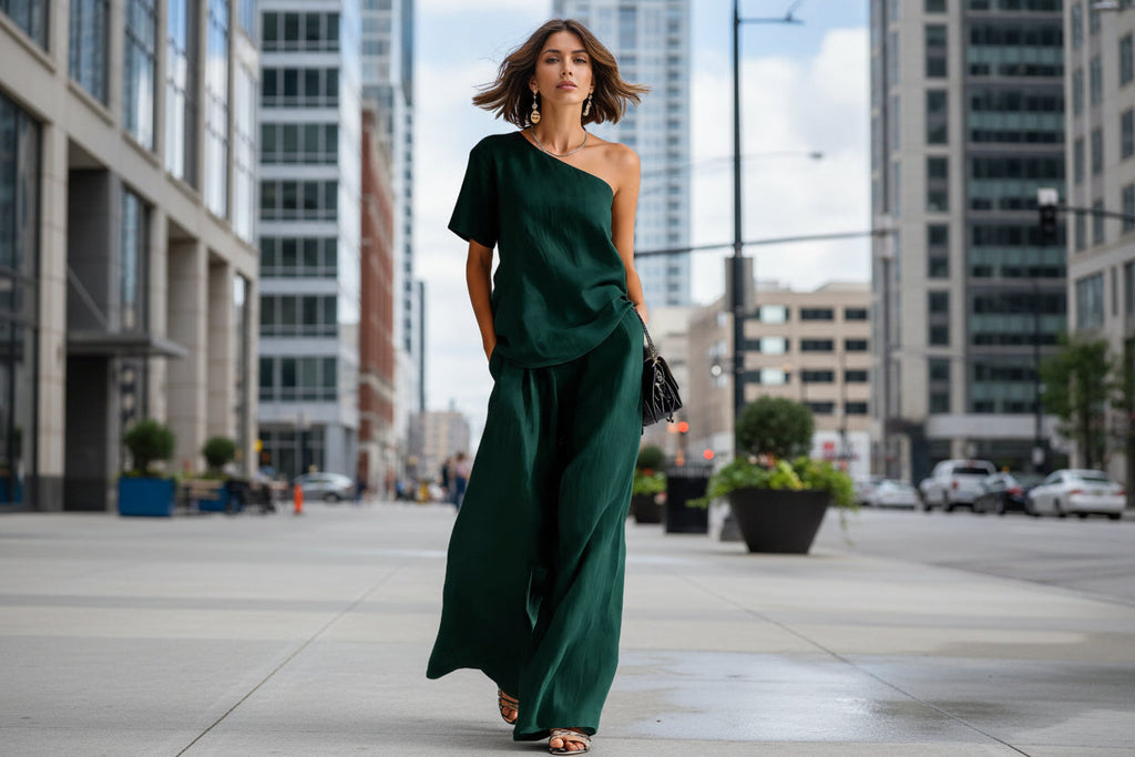 Women's wide-leg pants and top set in casualwear style, featuring a matching three-quarter sleeve outfit by FitiqueFit.