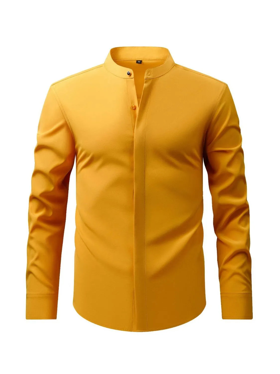 Men's plus size full-length stand collar button-down shirt by Trendsi, showing the shirt's front view and button details.