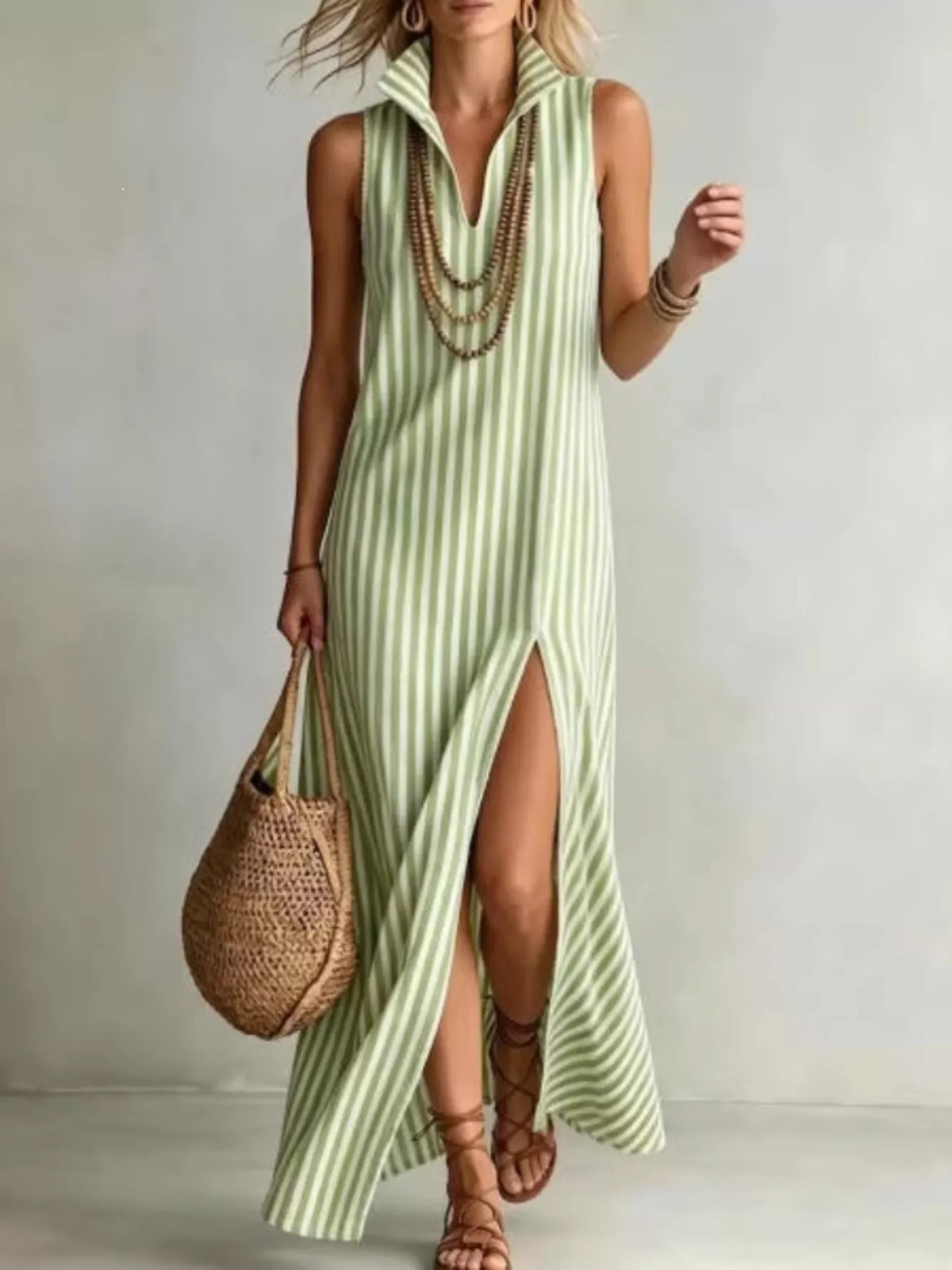 Plus size striped maxi dress with high slit, featuring a flowing silhouette and bold pattern, by Trendsi.