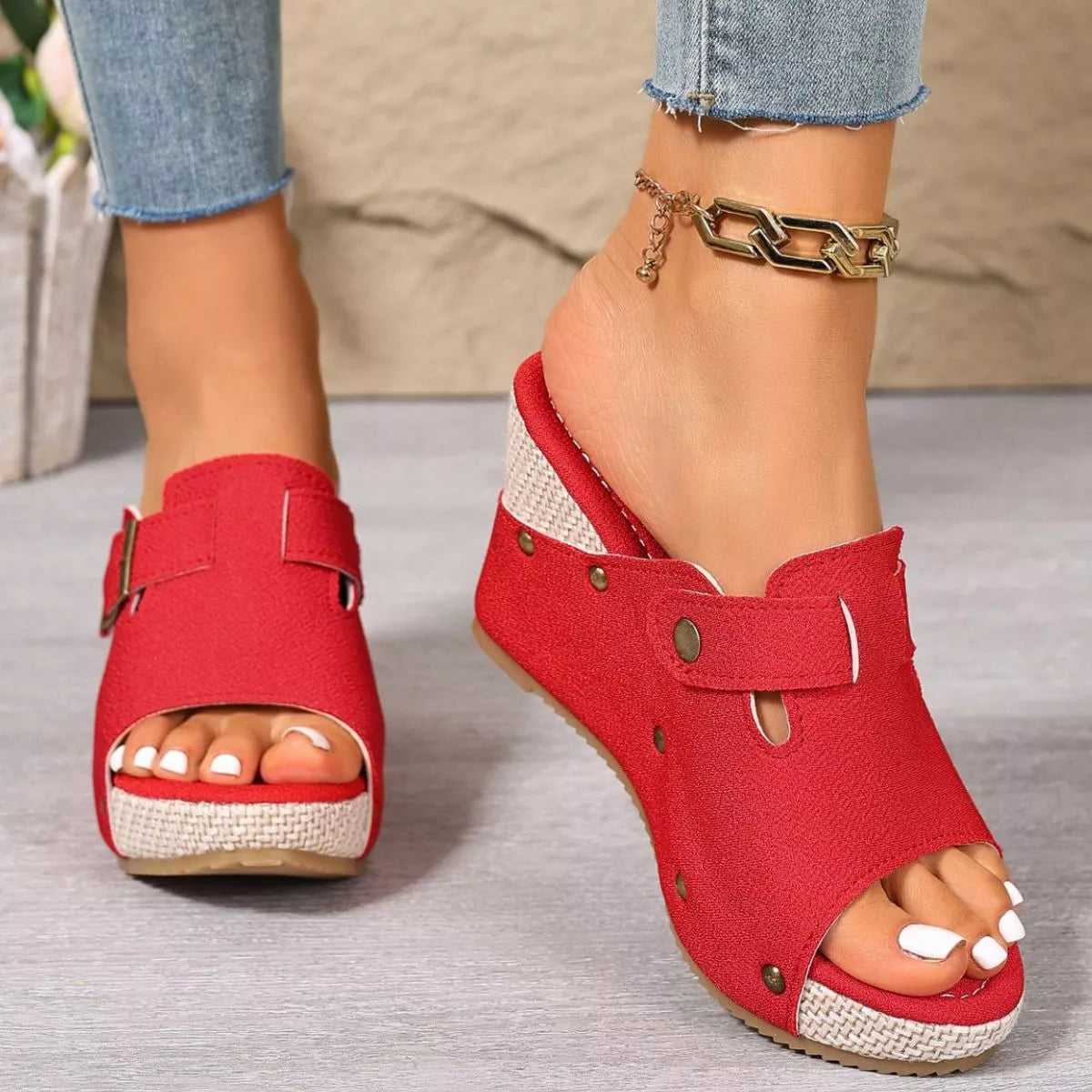 Plush Fashion Hub open toe wedge sandals with plush straps and platform heel, stylish footwear for casual and summer wear.