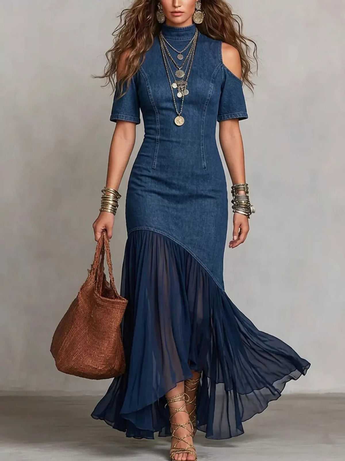Plush Fashion Hub mock neck cold shoulder ruffle hem maxi dress in flowing fabric, featuring a stylish neckline and elegant design.