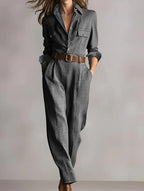 FitiqueFit notched lapel wide-leg jumpsuit for casualwear, featuring a tailored collar and relaxed wide-leg silhouette.