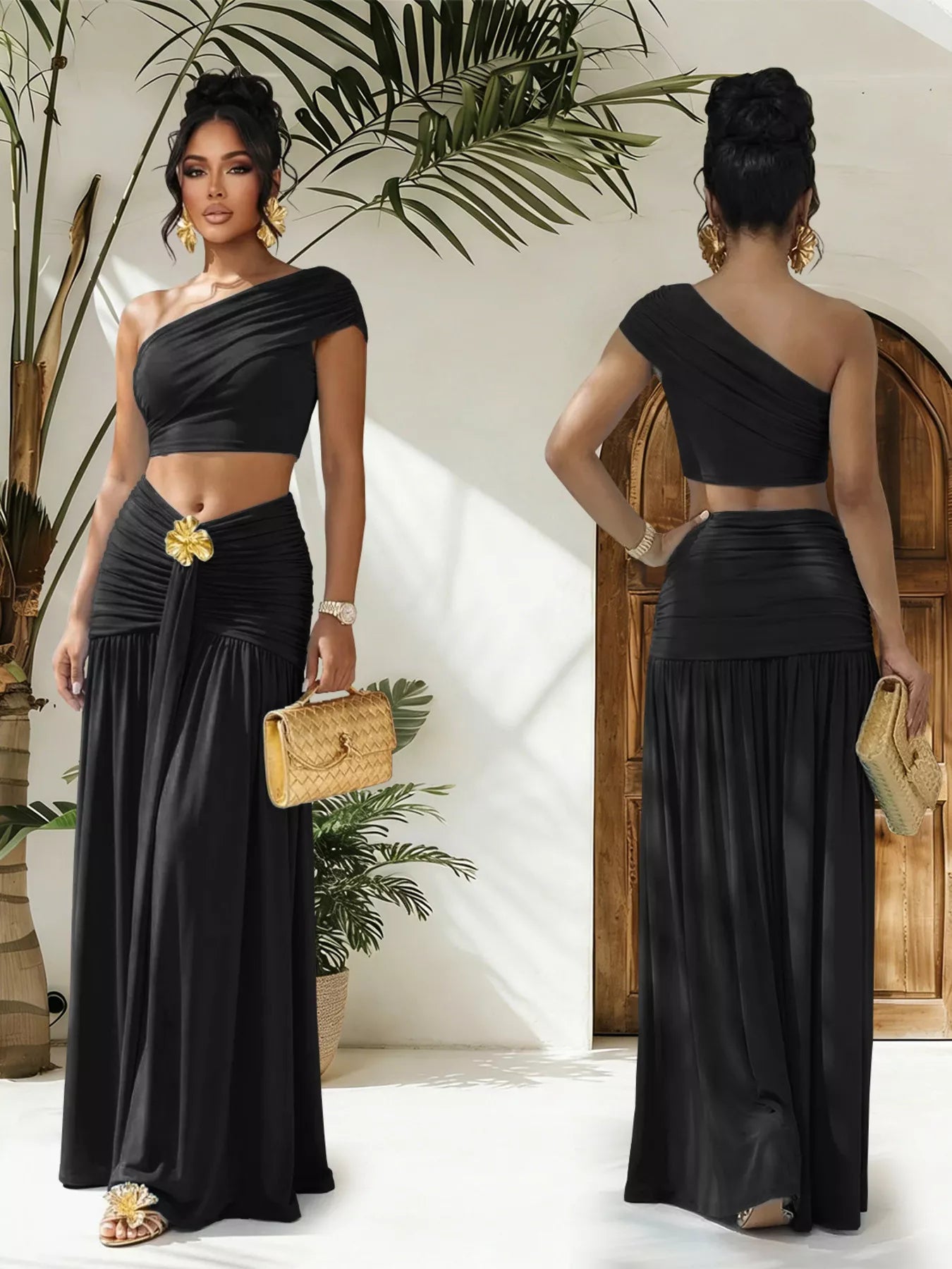 One-shoulder top and ruched maxi skirt set by Trendsi, featuring a stylish asymmetrical top and matching gathered skirt.
