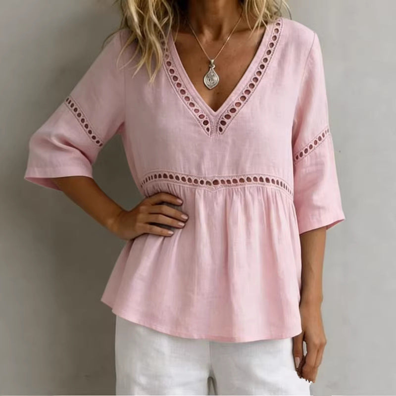 Women's V-neck hollow-out fringe cotton-linen top by FitiqueFit, featuring a casual V-neck design with fringe and breathable fabric details.