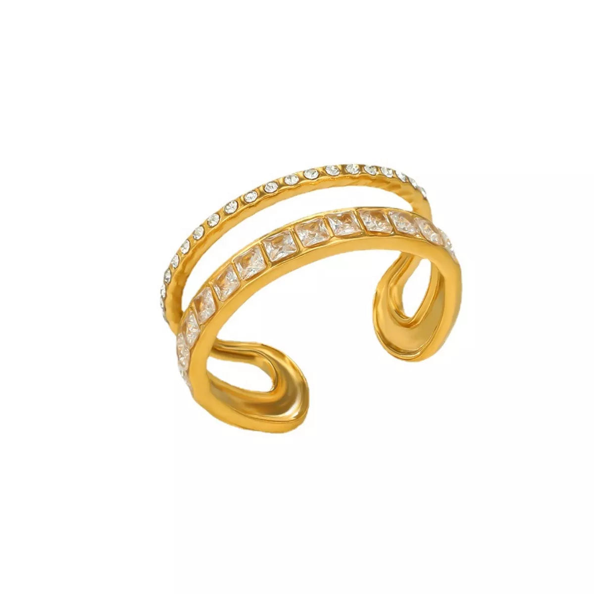 18K gold-plated rhinestone open ring with sparkling stones, stylish jewelry piece from Plush Fashion Hub.