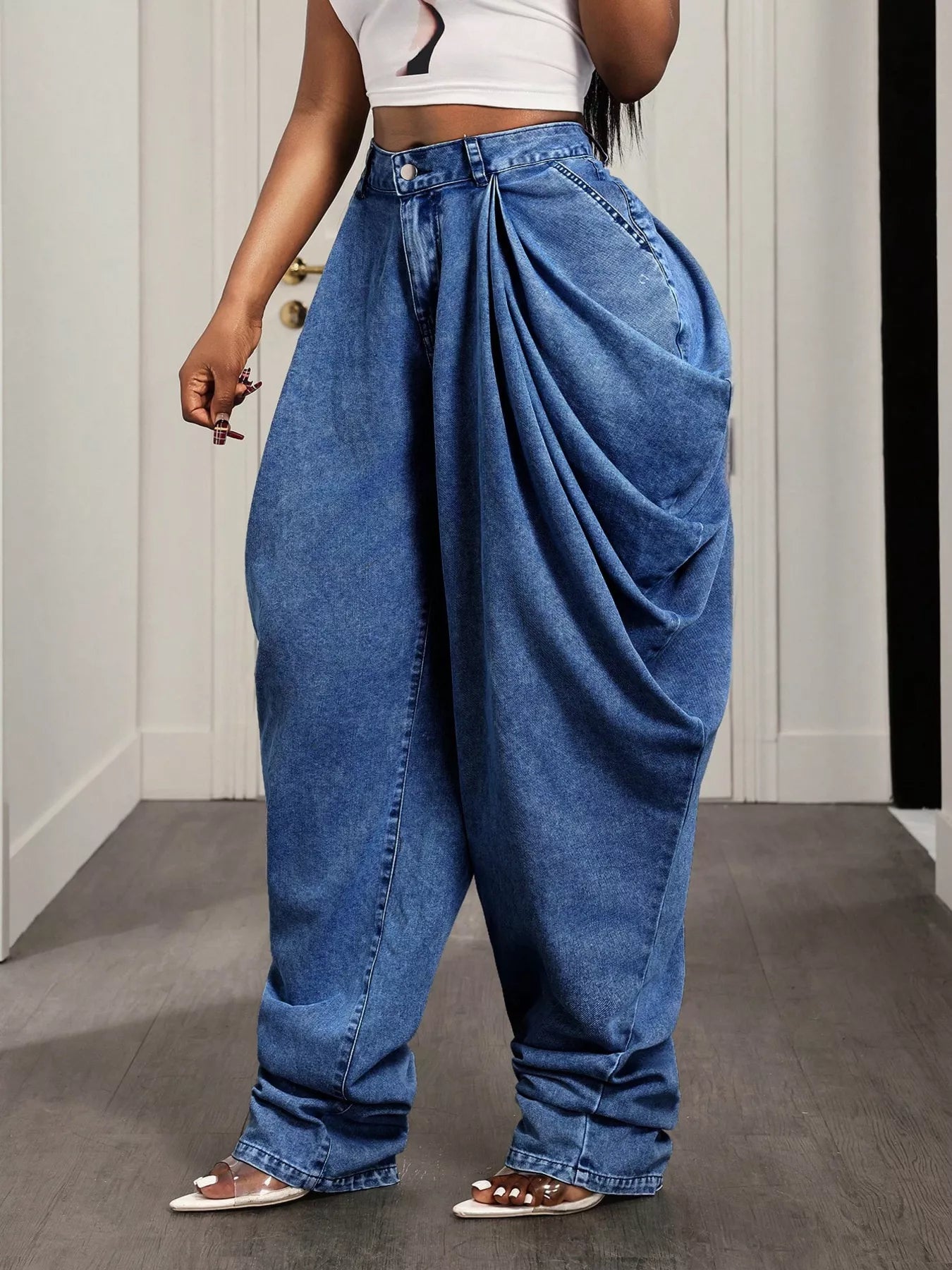 Baggy ruched jeans by Shopimist featuring relaxed fit and stylish ruching details in a casual denim style.
