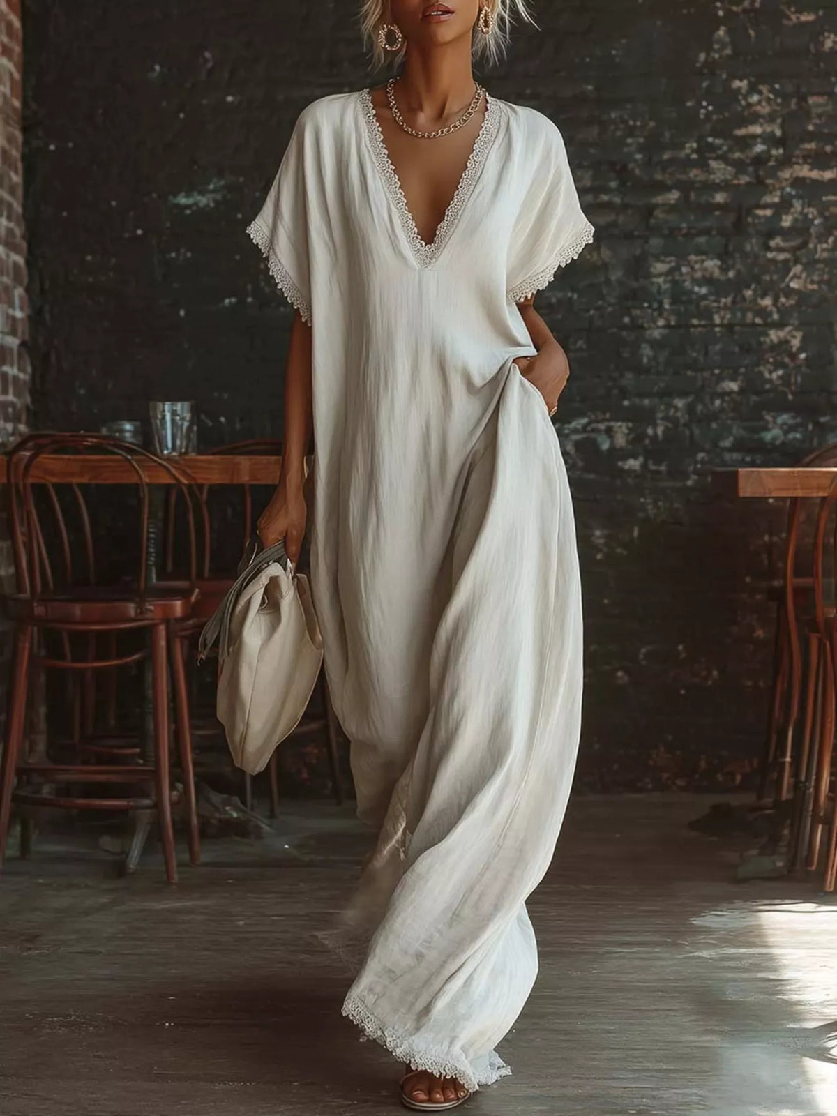 Plus size full length lace trim V-neck maxi dress by Plush Fashion Hub, featuring a flowy silhouette and elegant lace details.