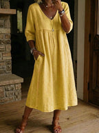 Women's V-neck casual dress with lace trim and loose fit in multiple colors, by FitiqueFit.