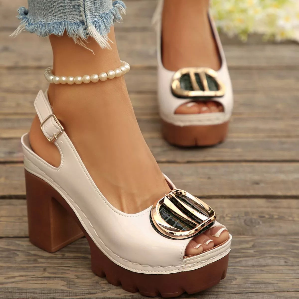 Plush Fashion Hub plush peep toe block heel sandals with stylish design and comfortable heel height.