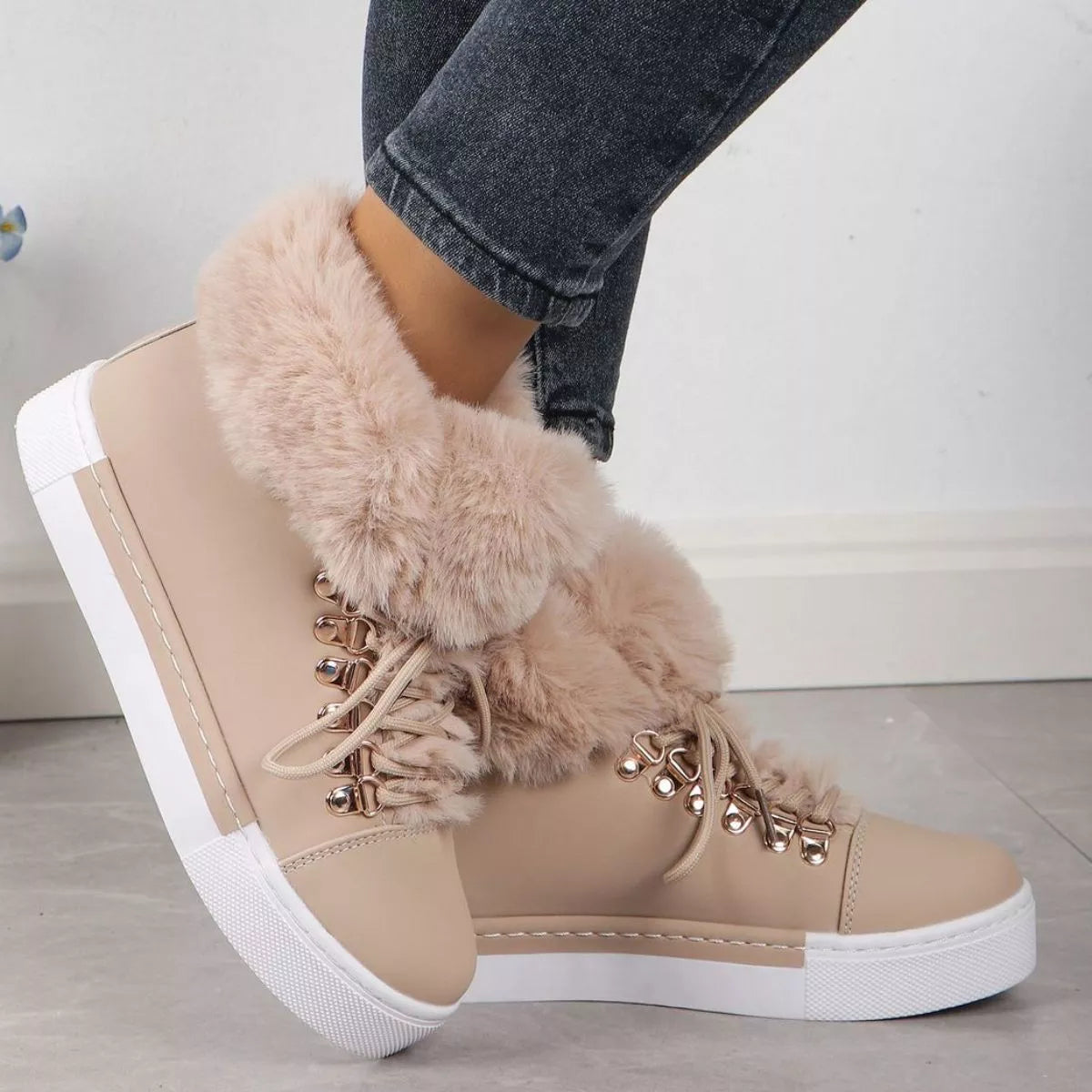 Fuzzy trim lace-up ankle boots by Simply Love featuring a cozy, textured design and stylish ankle-height silhouette.