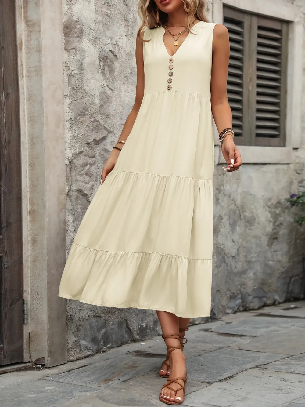 Ivy Lane women's sleeveless cotton button-down dress with notched neck, styled for a casual summer look by Plush Fashion Hub.