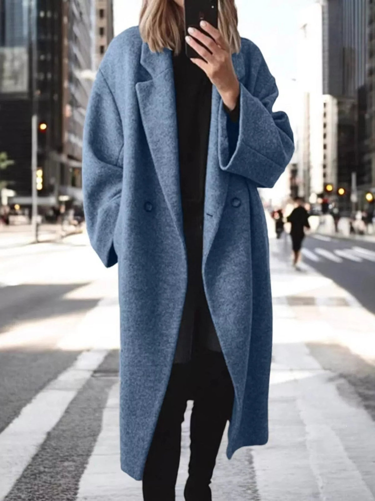 Plus size longline wool blend coat with lapel collar, casualwear, stylish and warm full-size coat for cold weather.