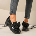 Women's plush fashion hub bowtie round toe low heel pumps in wide size, casual PU shoes with a stylish design and comfortable fit.