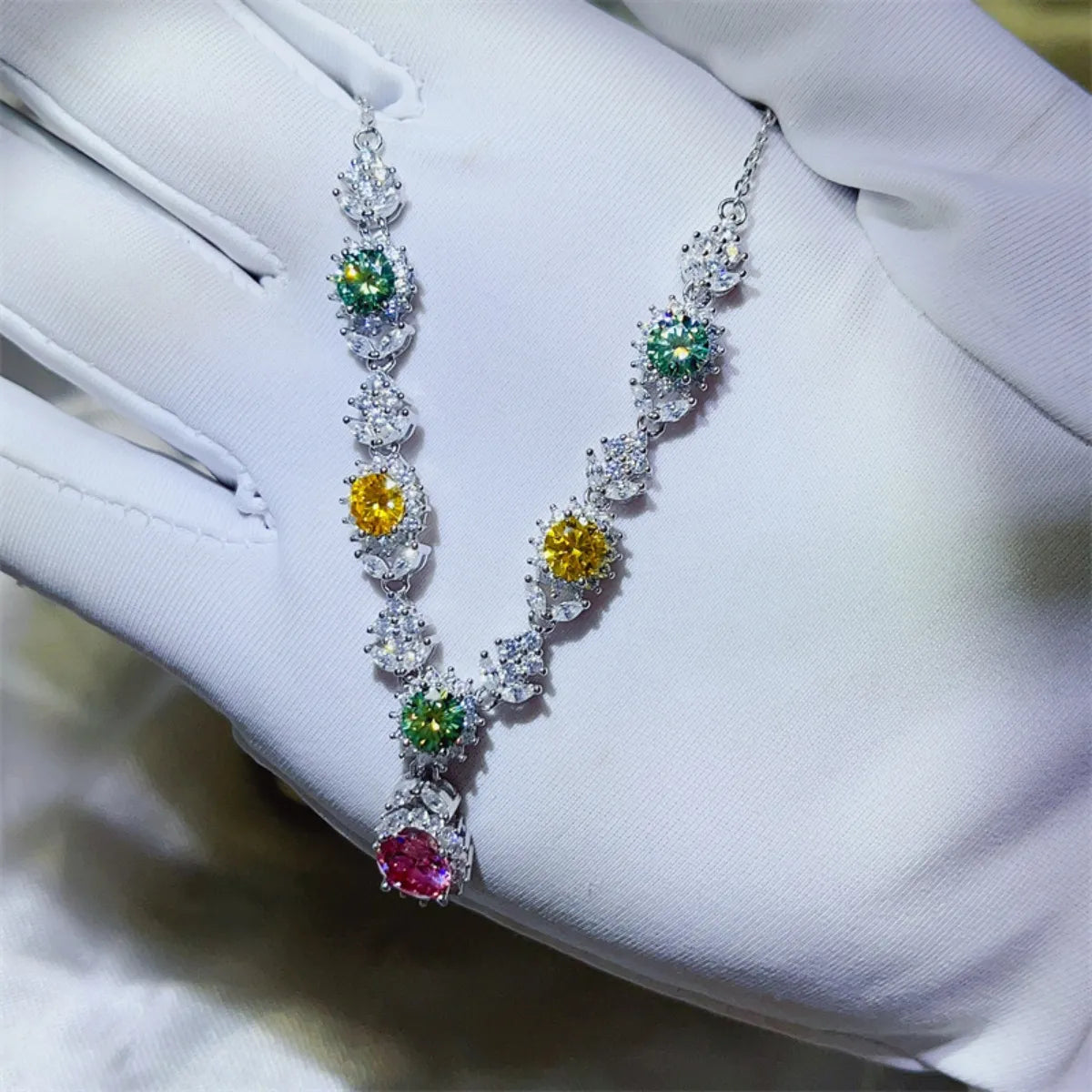 Sterling silver necklace with a 3.5 carat moissanite gemstone, elegant jewelry piece from Plush Fashion Hub.
