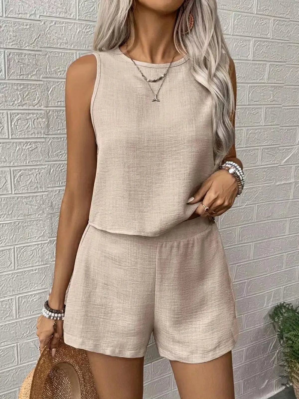 Light pink plush fashion hub round neck tank top and matching shorts set, casual summer loungewear, soft fabric, comfortable fit.