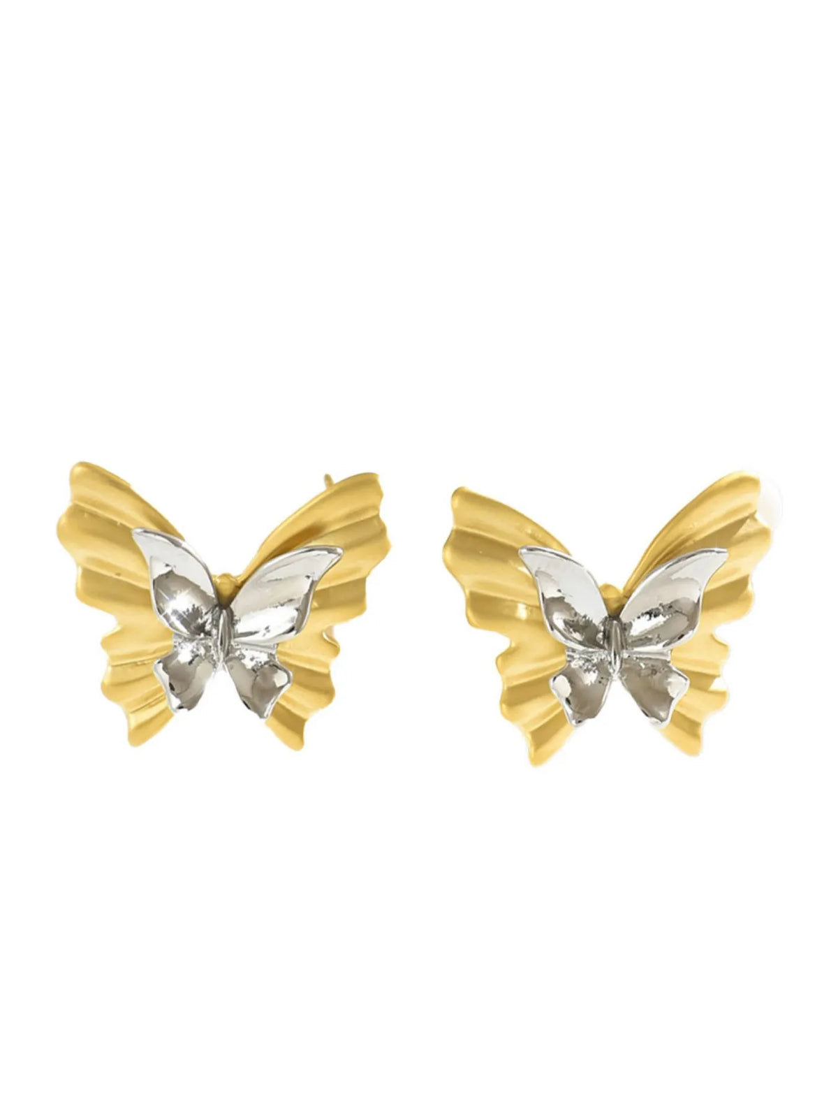 Two-tone stainless steel butterfly earrings with a sleek, modern design, featuring polished silver and gold finishes.