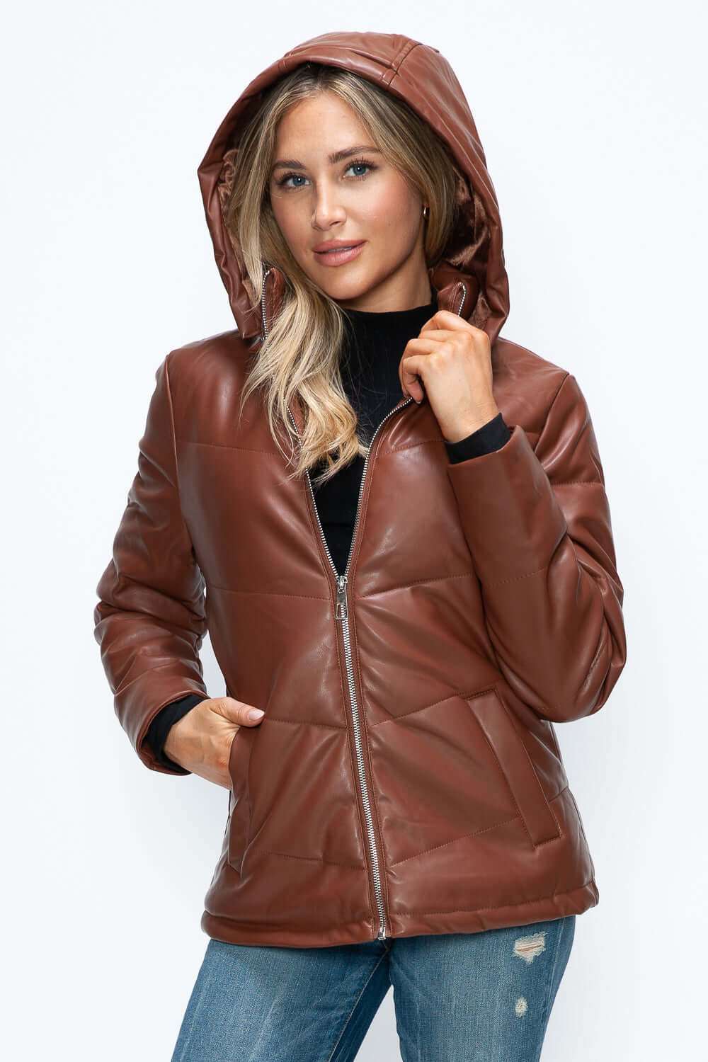 Pocketed zip-up puffer jacket with removable hood in brown pleather.