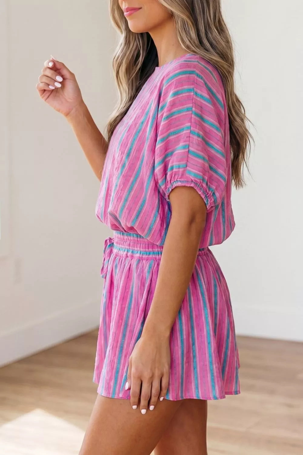 Plush Fashion Hub stripe dolman short sleeve blouse with drawstring elastic waist shorts set, casual and breezy summer outfit.