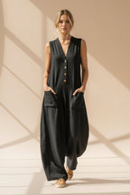 Women's sleeveless wide-leg casual jumpsuit with pockets, stylish and comfortable from FitiqueFit.