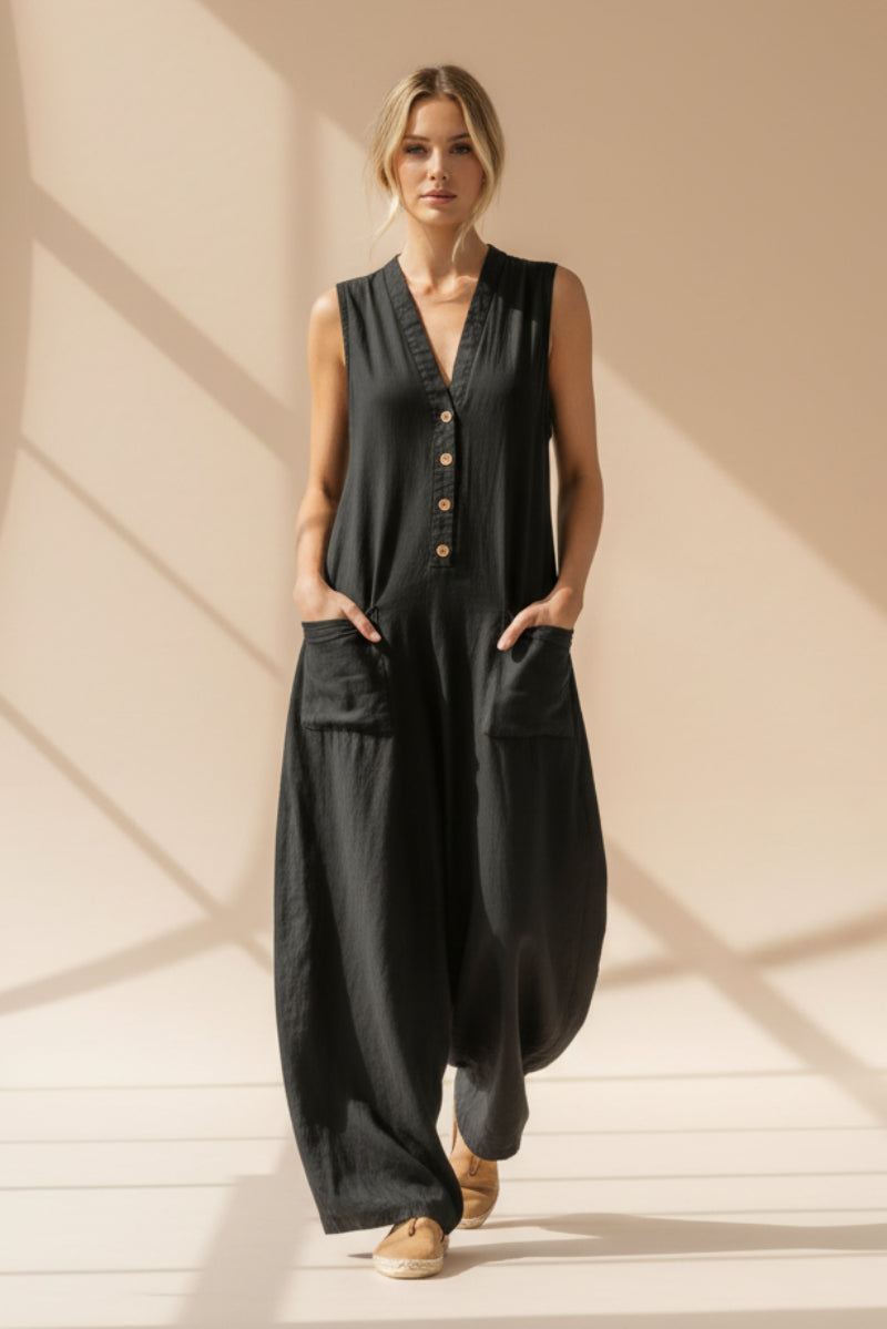 Women's sleeveless wide-leg casual jumpsuit with pockets, stylish and comfortable from FitiqueFit.