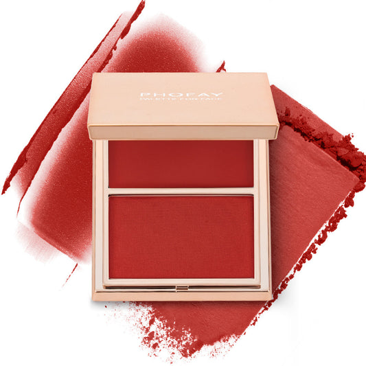 PHOFAY Double-Take Cream & Powder Blush Duo in red shade, smooth and weightless application.